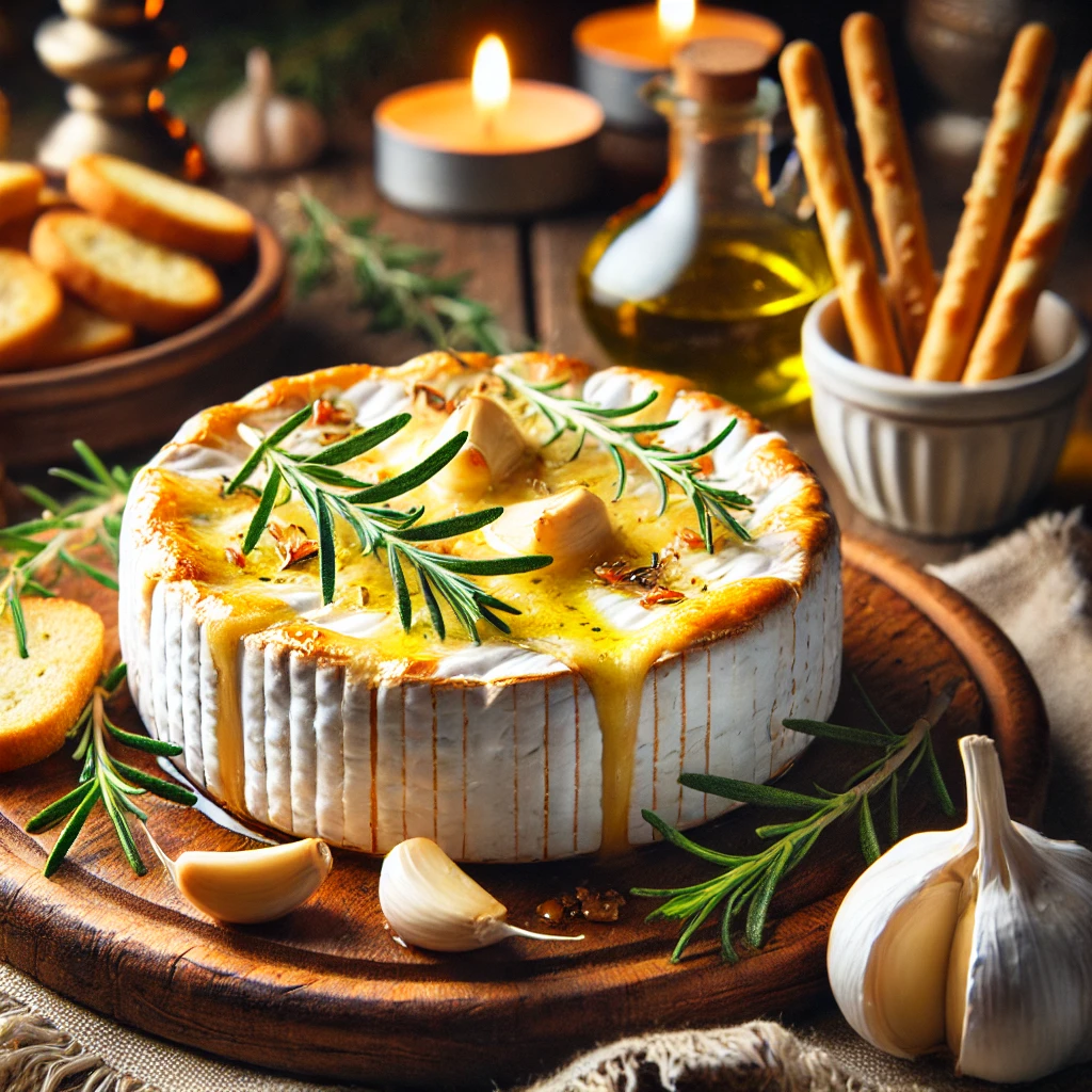Baked Camembert with Garlic & Herbs, showcasing a beautifully melted cheese with garlic, rosemary, and crispy breadsticks