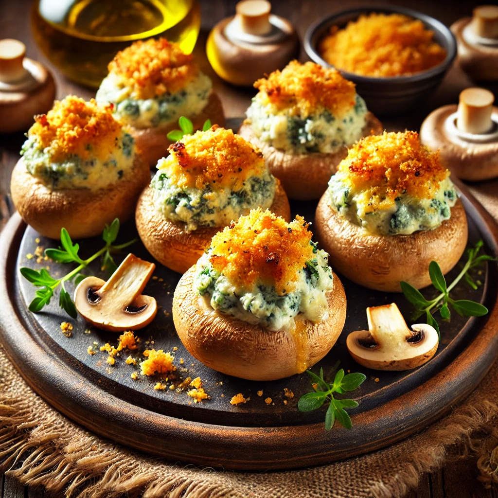 Blue Cheese Stuffed Mushrooms, showcasing golden-brown mushrooms filled with creamy blue cheese and crispy breadcrumbs.