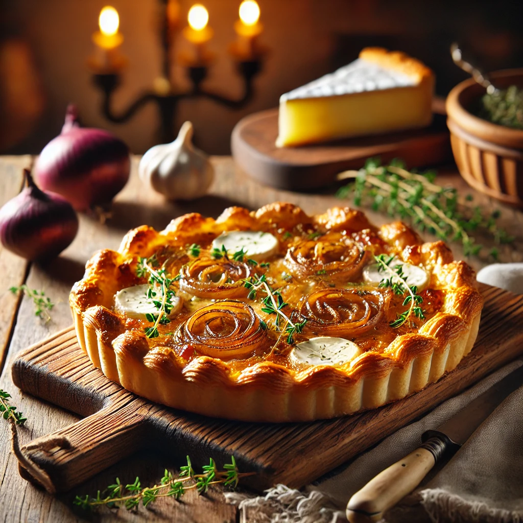Brie & Caramelized Onion Tart, showcasing a beautifully baked tart with a golden crust and delicious toppings