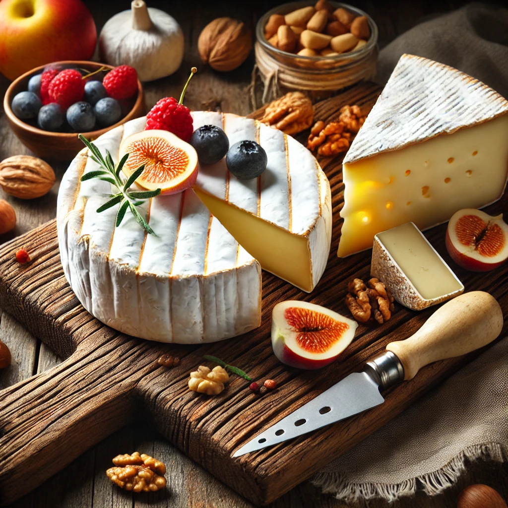 Brie and Camembert, showcasing their textures and gourmet presentation.