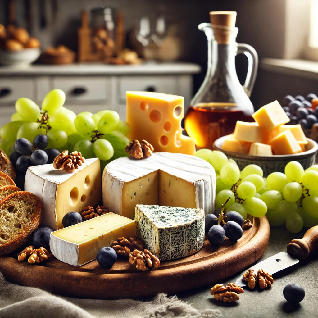 A-beautifully-arranged-cheese-platter-featuring-a-variety-of-cheeses-such-as-Brie-Cheddar-Blue-Cheese-and-Gouda.-The-scene-includes-fresh-grapes