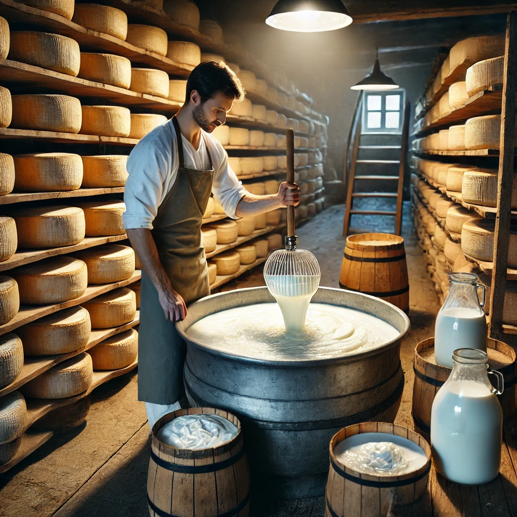A-traditional-cheese-making-process-scene-featuring-a-cheesemaker-stirring-a-large-vat-of-milk.-The-setting-is-a-rustic-dairy-farm-with-wooden-shelve