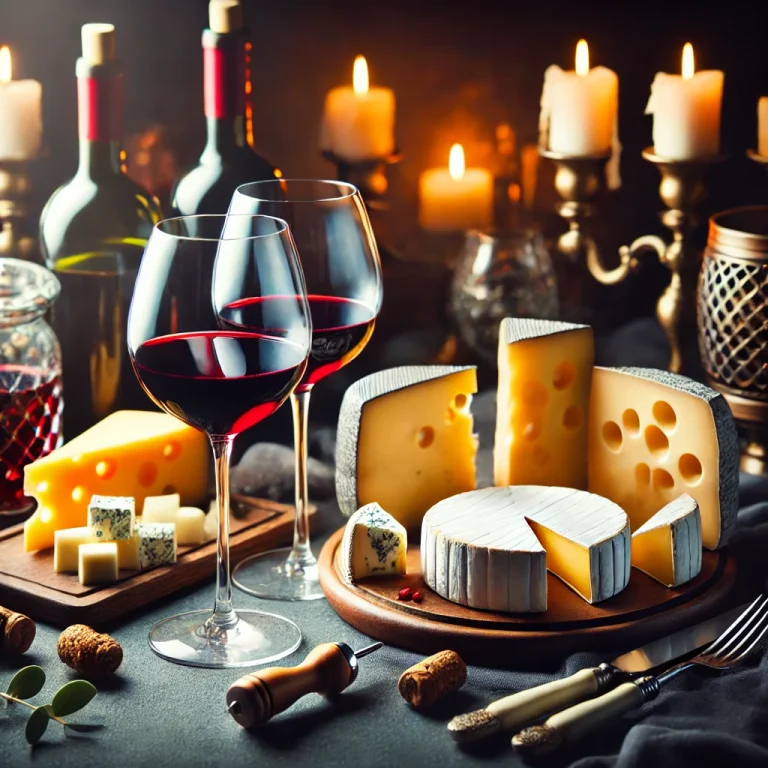 A-luxurious-cheese-and-wine-pairing-setup-featuring-different-types-of-cheese-with-red-and-white-wine-glasses-elegant-plating-and-a-cozy-candle