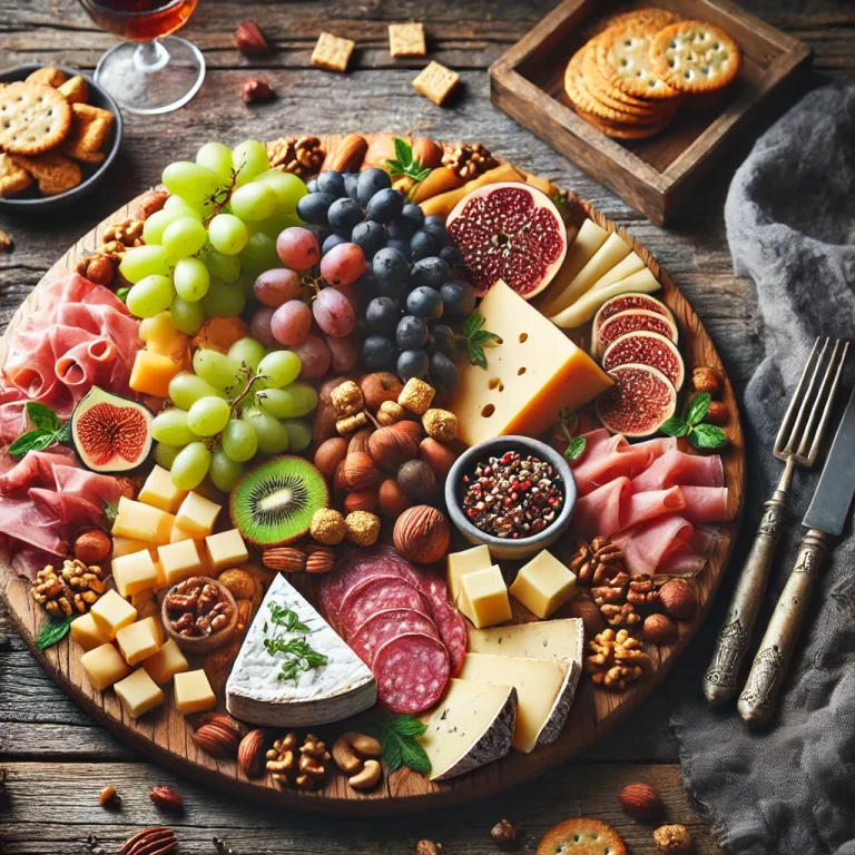 A-beautifully-arranged-charcuterie-board-featuring-a-variety-of-cheeses-cured-meats-fresh-fruits-nuts-and-artisanal-crackers-set-on-a-rustic-wood