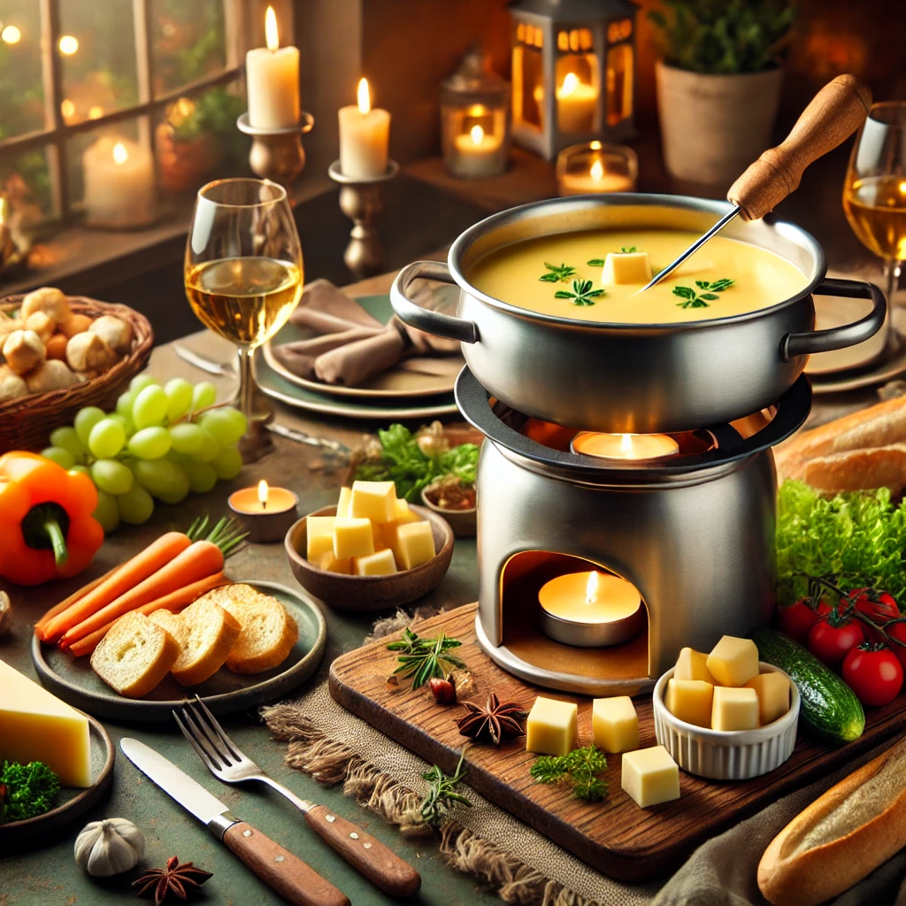 A-gourmet-cheese-fondue-setup-with-a-pot-of-melted-cheese-dipping-bread-cubes-vegetables-and-a-cozy-dining-atmosphere