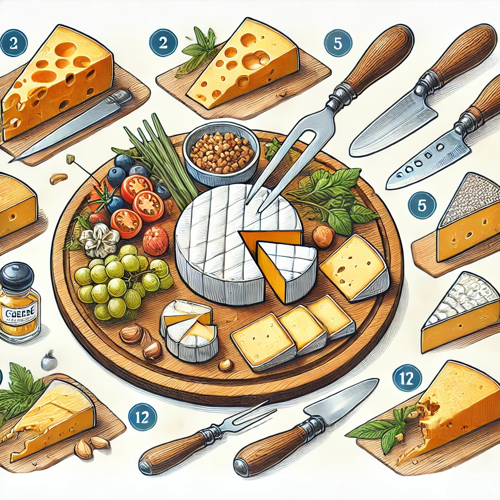 A-step-by-step-cheese-cutting-and-serving-guide-illustration-showing-different-cheese-knives-cutting-techniques-and-a-beautifully-arranged-cheese