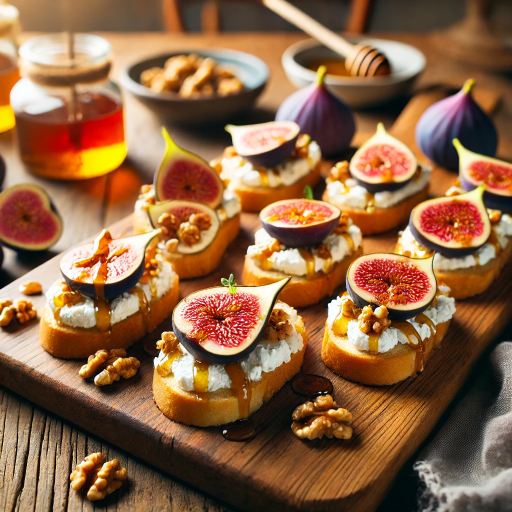 Goat Cheese & Fig Crostini, showcasing a beautifully arranged gourmet serving