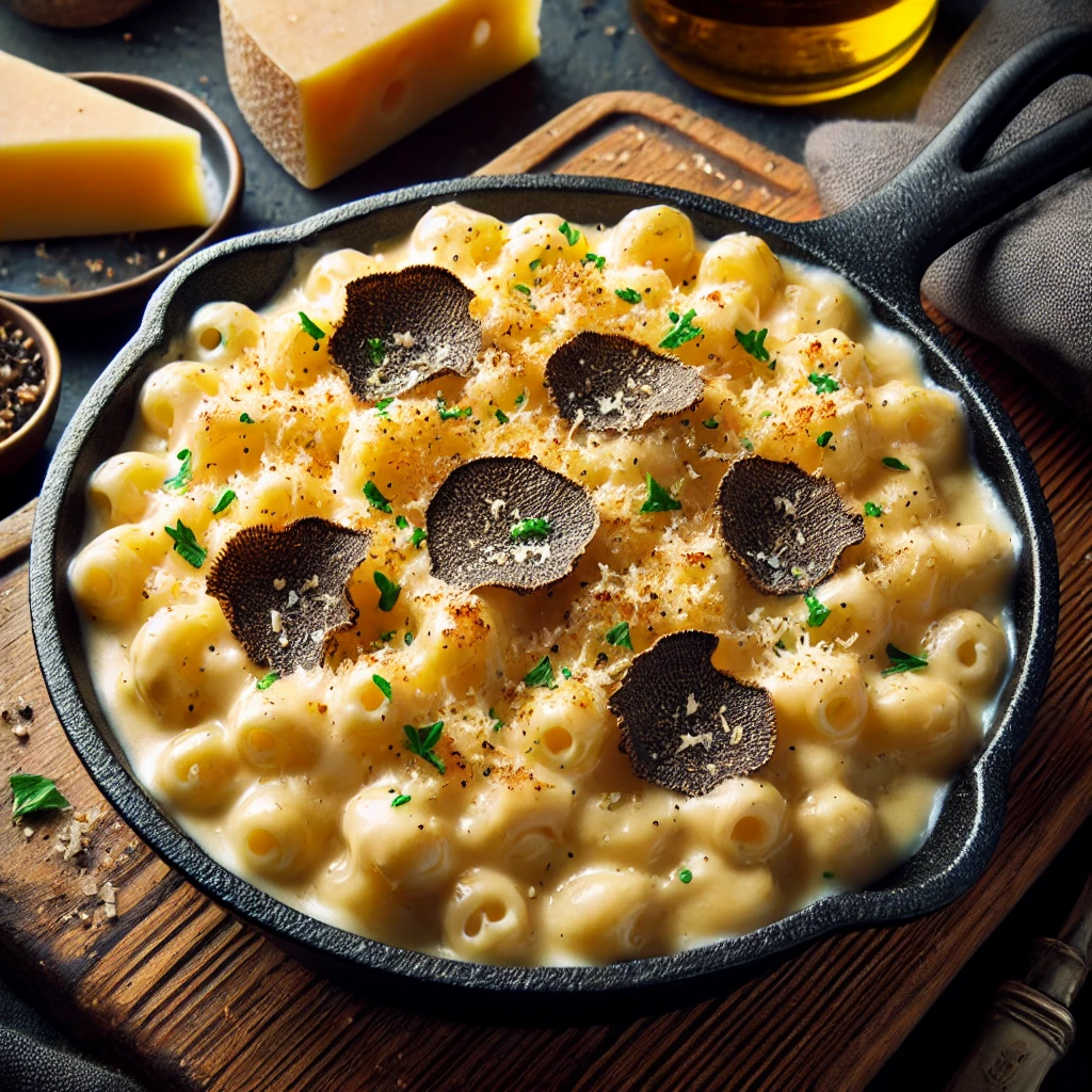 Truffle Mac & Cheese, showcasing a creamy, cheesy dish with black truffle shavings and Parmesan