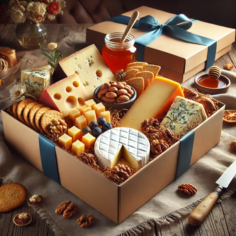 Cheese Subscription & Gift Boxes, showcasing an elegantly presented cheese gift box with gourmet selections.