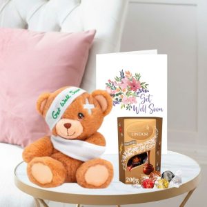 Keels Get Well soon Bear (15cm), Lindor Assorted Trufles (200g) & Get well soon Card