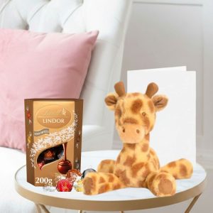 Keels Huggy Giraffe( 17cm) , Lindor Assorted Truffles (200g) & Occasion Card